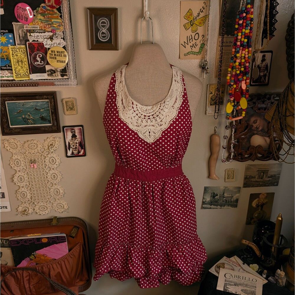 Lace Polka Dot Apron Women's One Size Red White